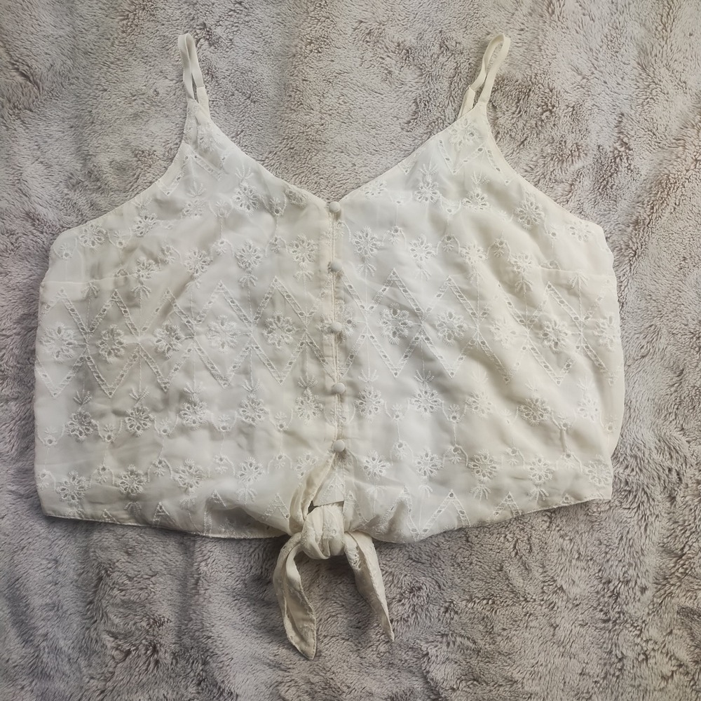 American Eagle Tie Front Crop Tank Women's Large White Eyelet Button Up NWT